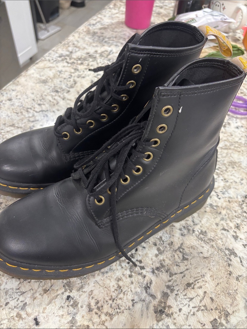 Dr. Martens Black Leather Boots with Yellow Stitching